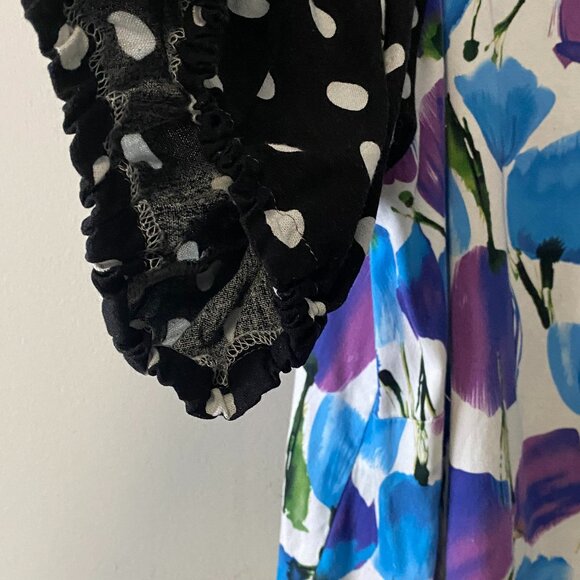 Handmade Plus Size Cotton Blue Floral Black White Polka Dot Dress - Picture 5 of 14